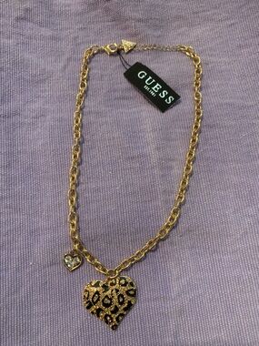 NWT GUESS Gold-Tone Heart Necklace with Black Leopard Print and Crystal Accent